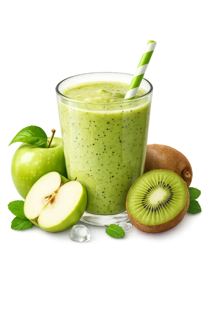 Un smoothie aux pommes et aux kiwis dans un verre avec une paille.