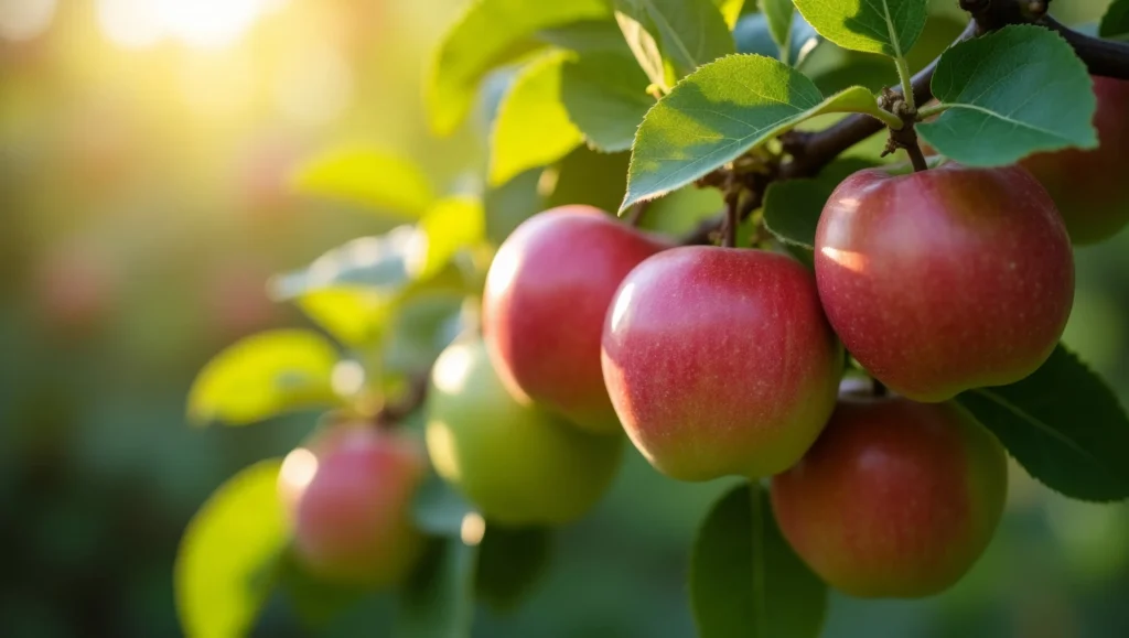 Une branche de pommier avec des pommes bien rouges dans le soleil.